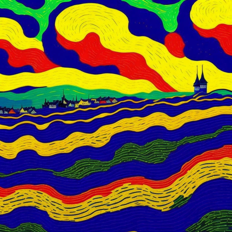 Colorful Coastal Scene Painting with Swirly Patterns in Yellow, Blue, Green, and Red