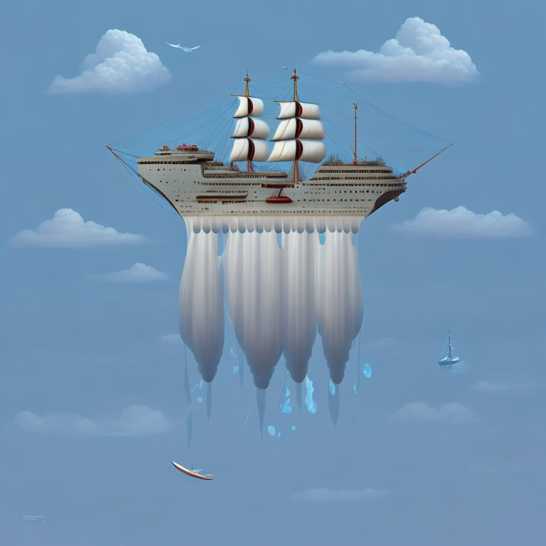 Surreal ship with inverted sails on floating island with waterfalls