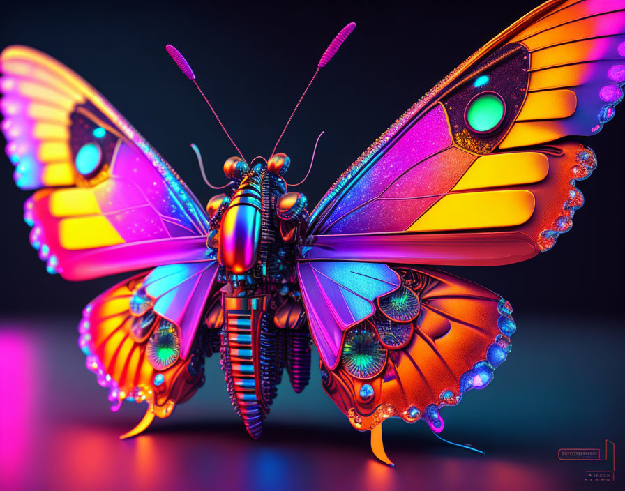 Colorful Mechanical Butterfly with Shimmering Wings on Neon Background