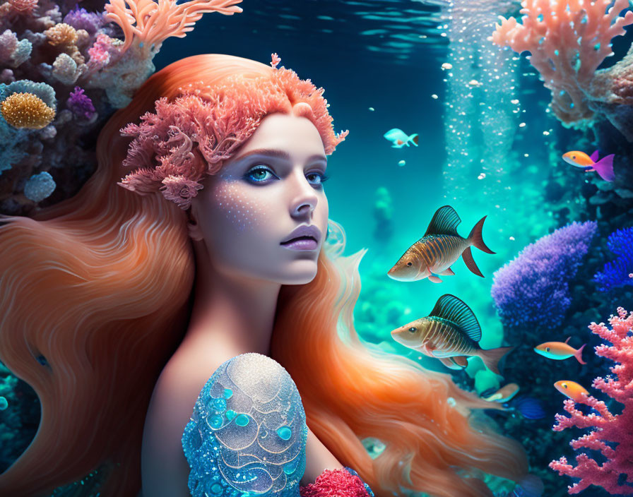 Surreal portrait of woman with red hair and coral headdress among marine life