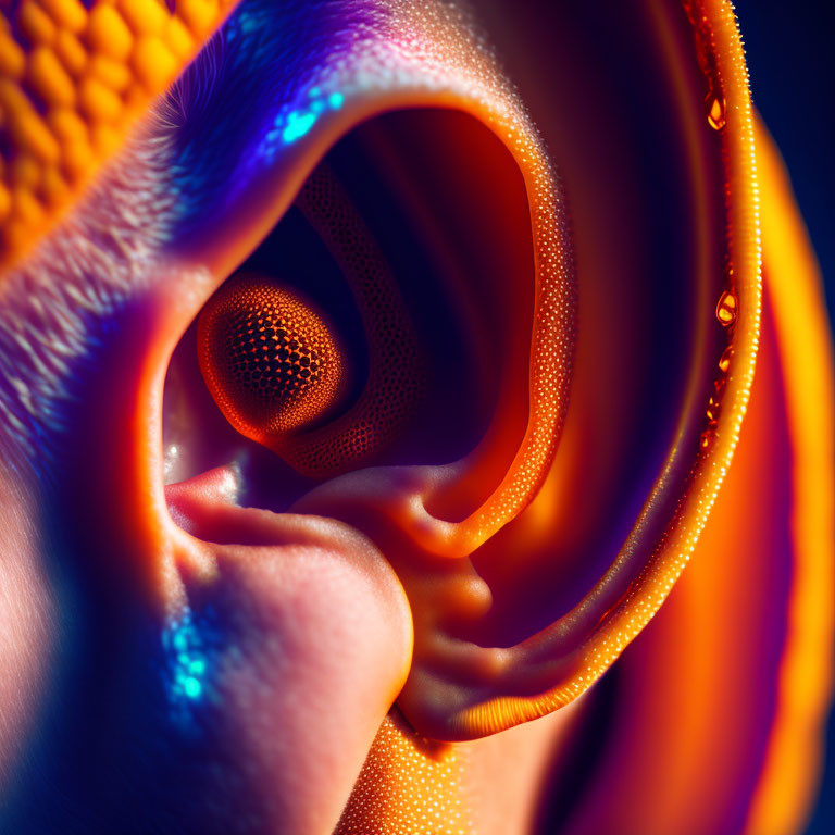 Detailed Close-up of Human Ear with Orange and Blue Lighting