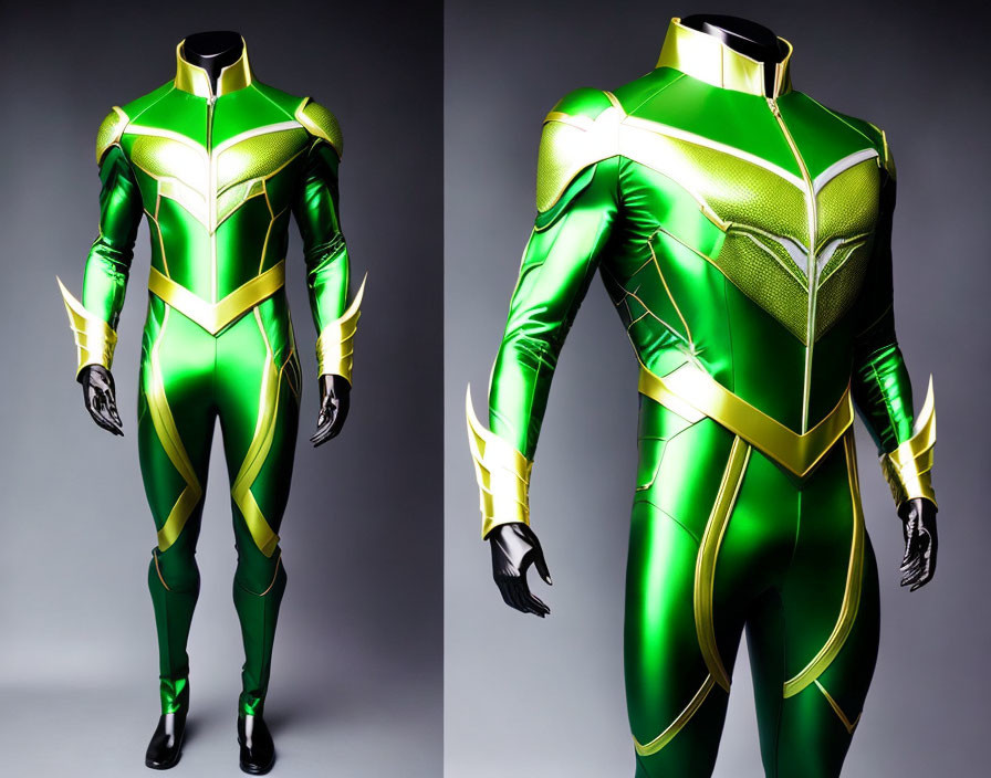 Vibrant Green and Black Superhero Costume with Gold Accents on Mannequin