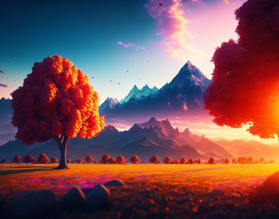 Vivid landscape with red tree, purple mountains, sunset sky, and birds