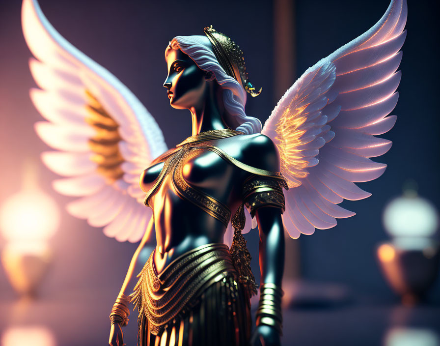 Digital artwork: Angelic female figure in golden armor with white wings on dark background