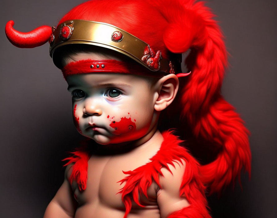 Digital Art: Baby with Blue Eyes as Red Devil with Horns, Tail, and Face Paint