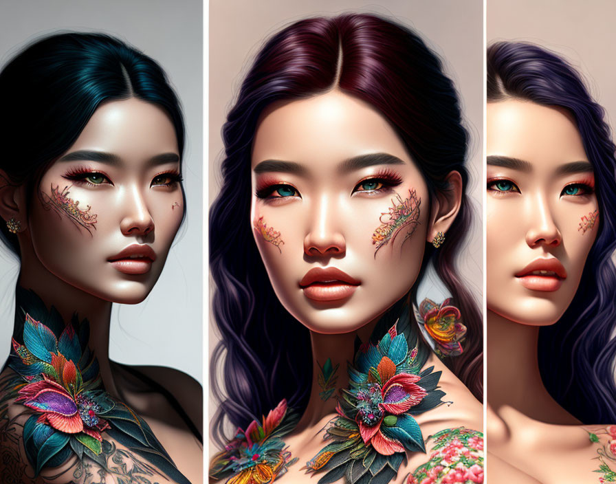 Stylized woman with floral tattoos and vibrant hair portraits