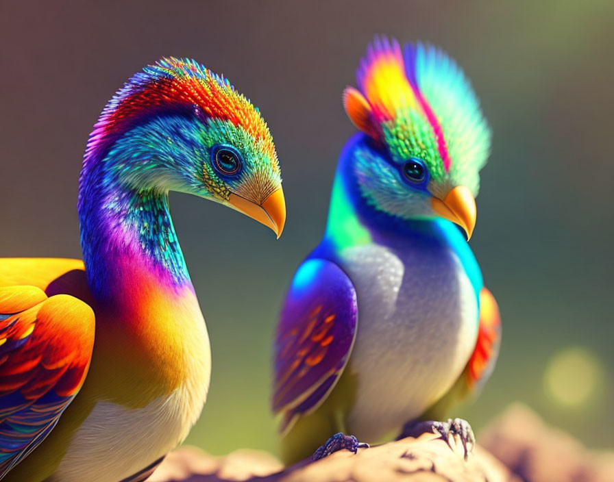 Vibrantly colored fictional birds with rainbow-hued feathers perched together