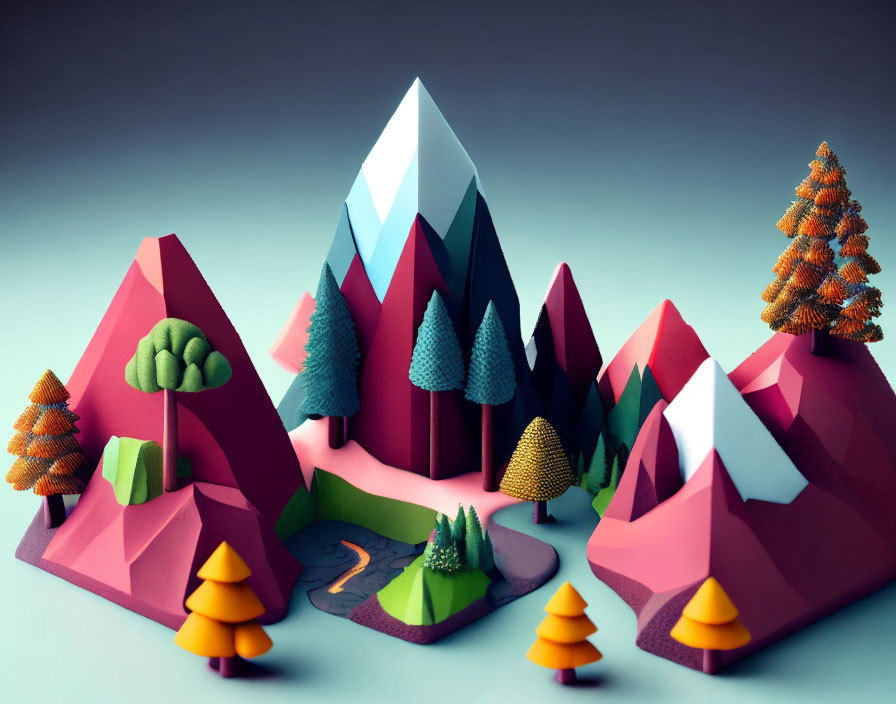 Colorful Geometric Mountain Illustration with Trees and River on Blue Gradient Background