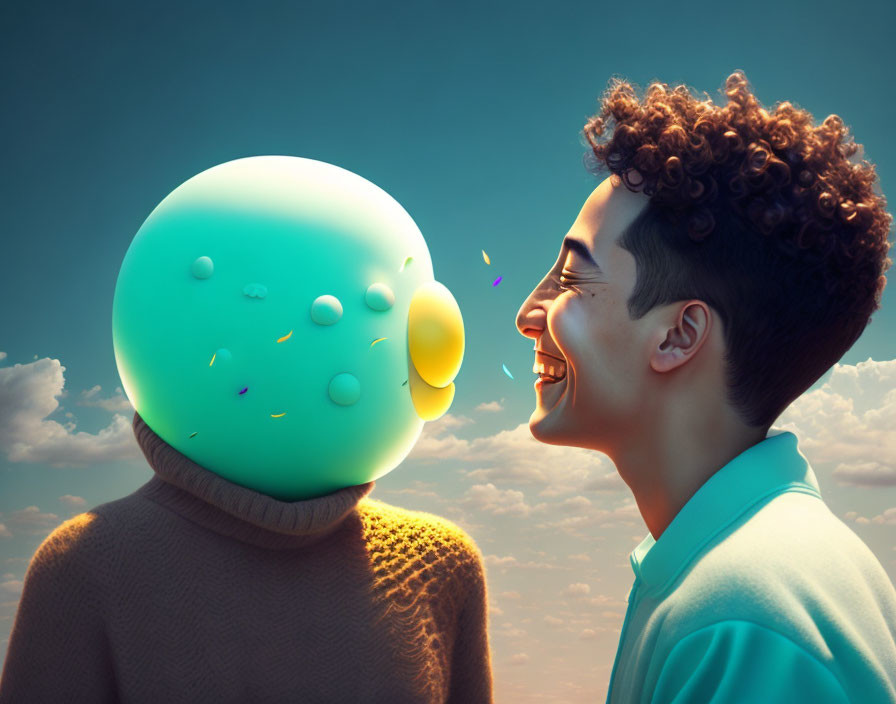 Person with curly hair faces surreal figure with balloon head in cloudy sky