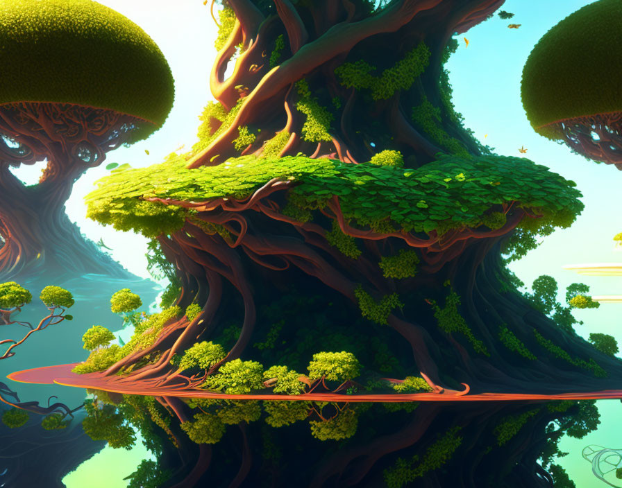 Fantastical forest with oversized, coiling trees and lush canopies