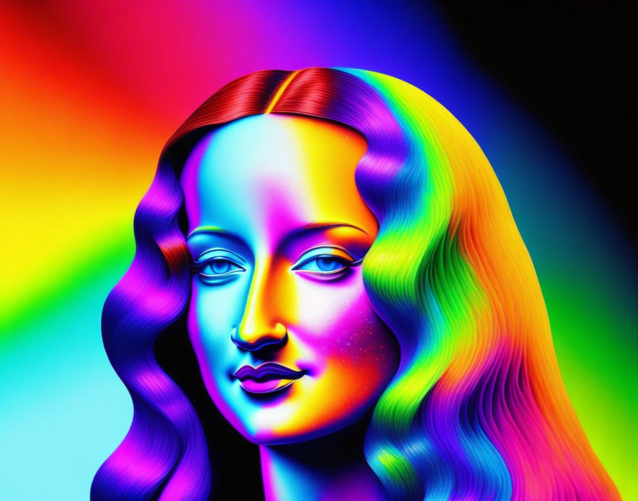 Vibrant digital portrait of a woman with rainbow palette and wavy hair