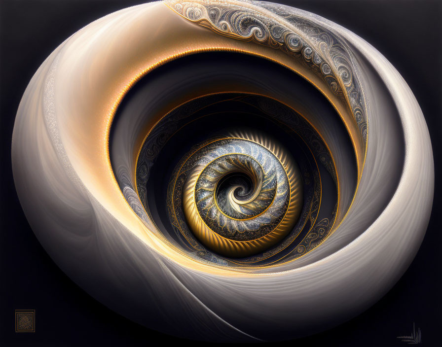 Golden spiral digital artwork with fractal design on dark background