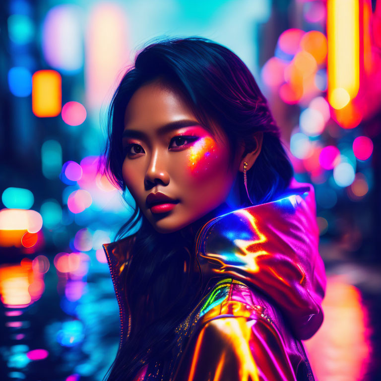 Iridescent Glitter Makeup in Neon Cityscape with Metallic Jacket