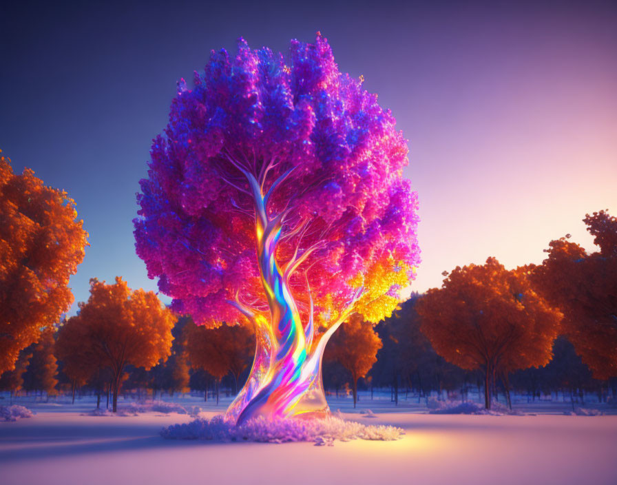 Rainbow-colored tree with purple foliage in snowy landscape