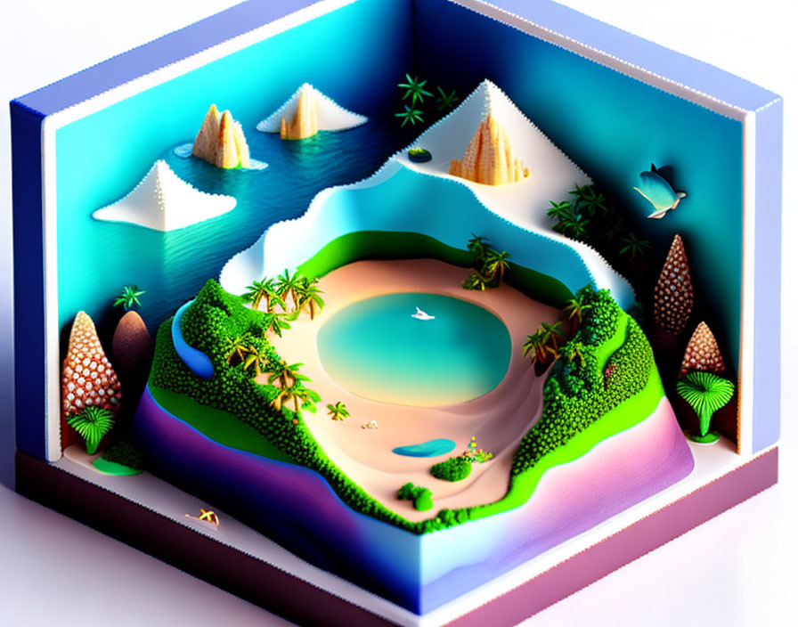 Colorful 3D Tropical Landscape Diorama with Hills, Palm Trees, Lake, and Fish