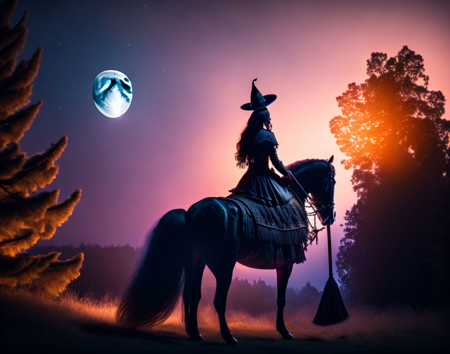 Silhouetted witch on horseback under starry sky with glowing moon and forest backdrop.