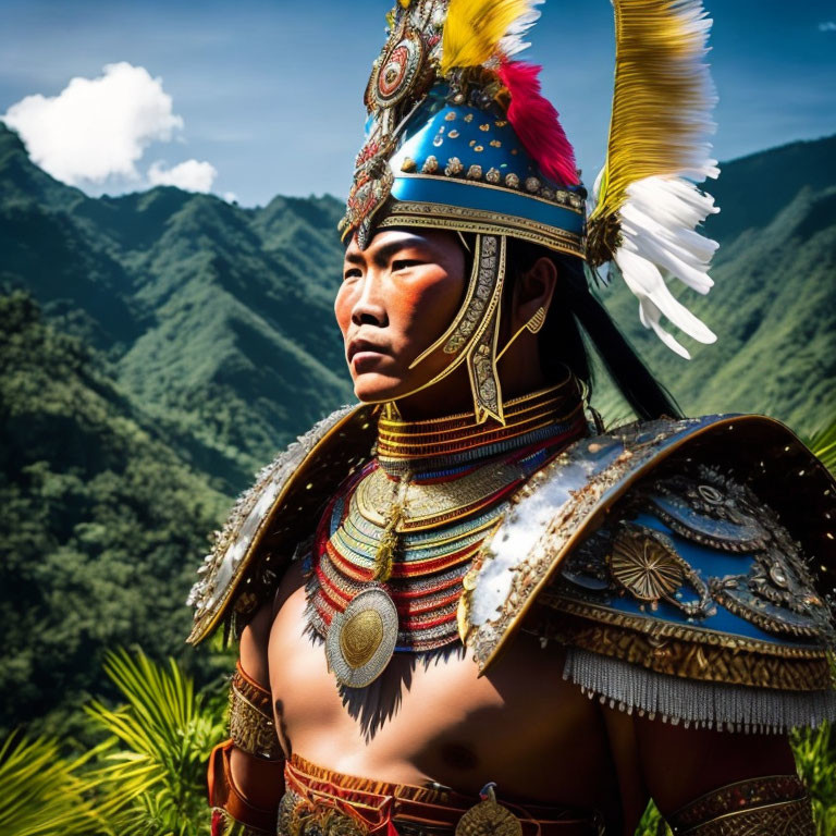 Elaborate traditional armor with feathers and beads against lush green mountains