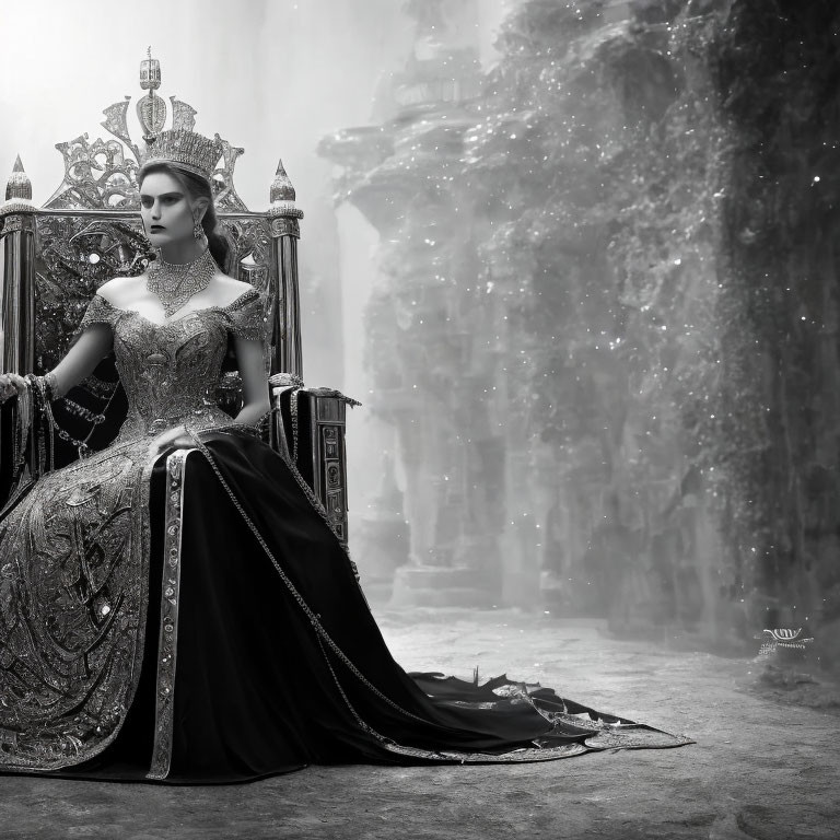 Monochrome image of regal woman on throne in ornate gown