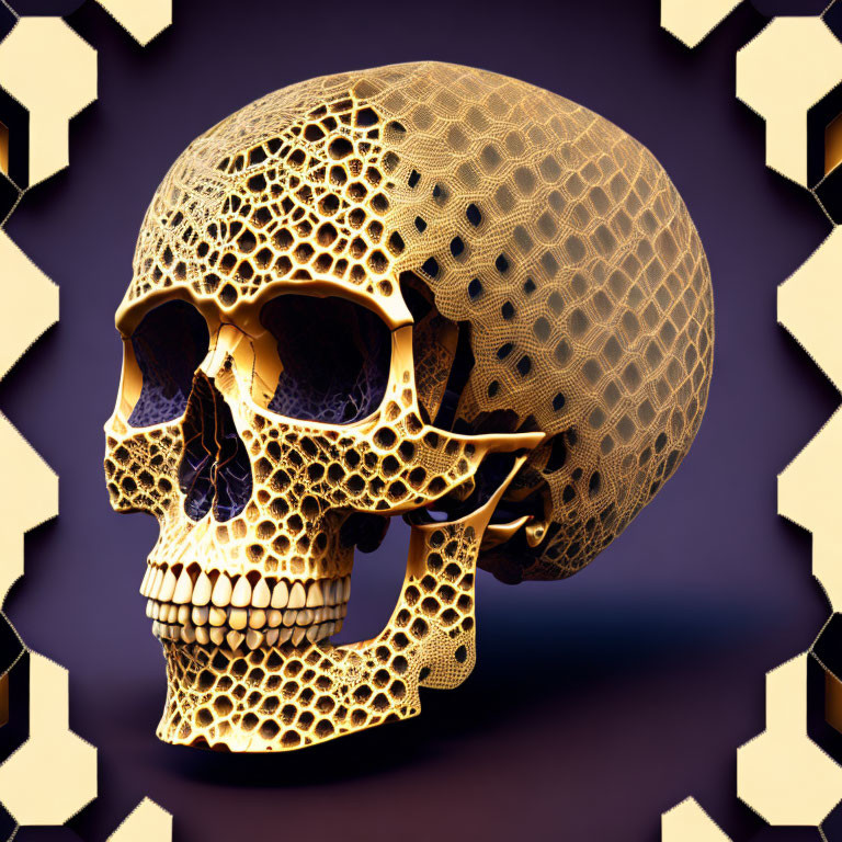 Golden human skull with lattice patterns on purple background with hexagonal outlines