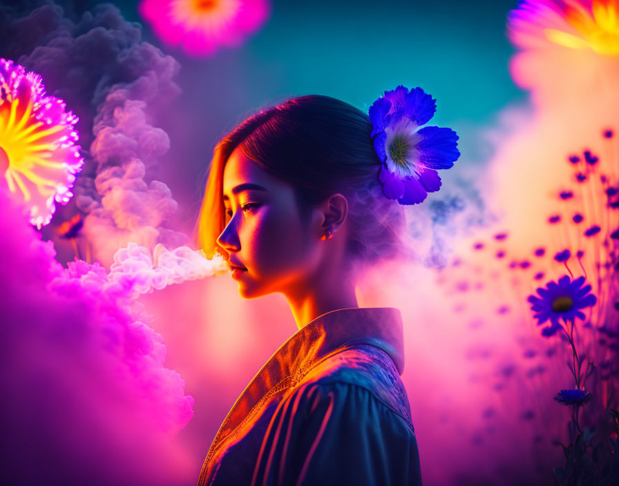 Profile of woman exhaling smoke surrounded by vibrant flowers on neon-lit backdrop