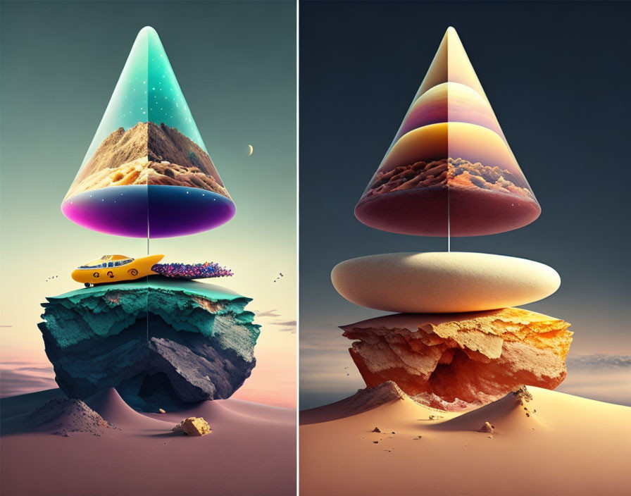 Surreal landscapes with floating conical shapes and a yellow submarine