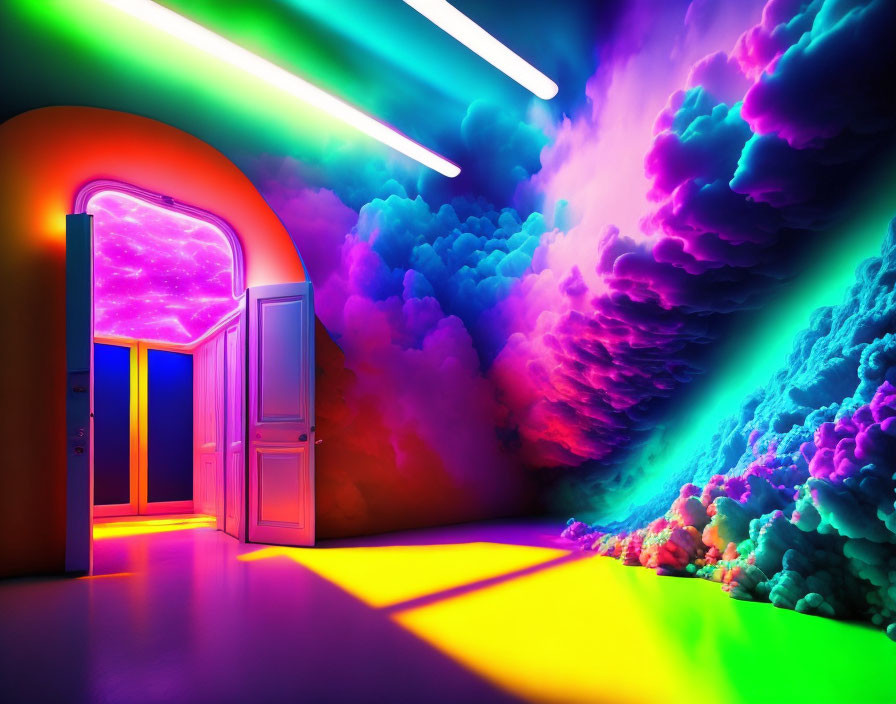 Colorful surreal room with neon lights, open door, and cloud-like formations