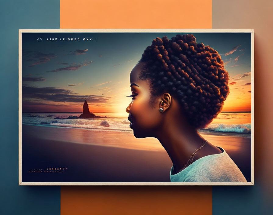 Profile view digital artwork: Woman with braided hair against sunset beach scene on easel