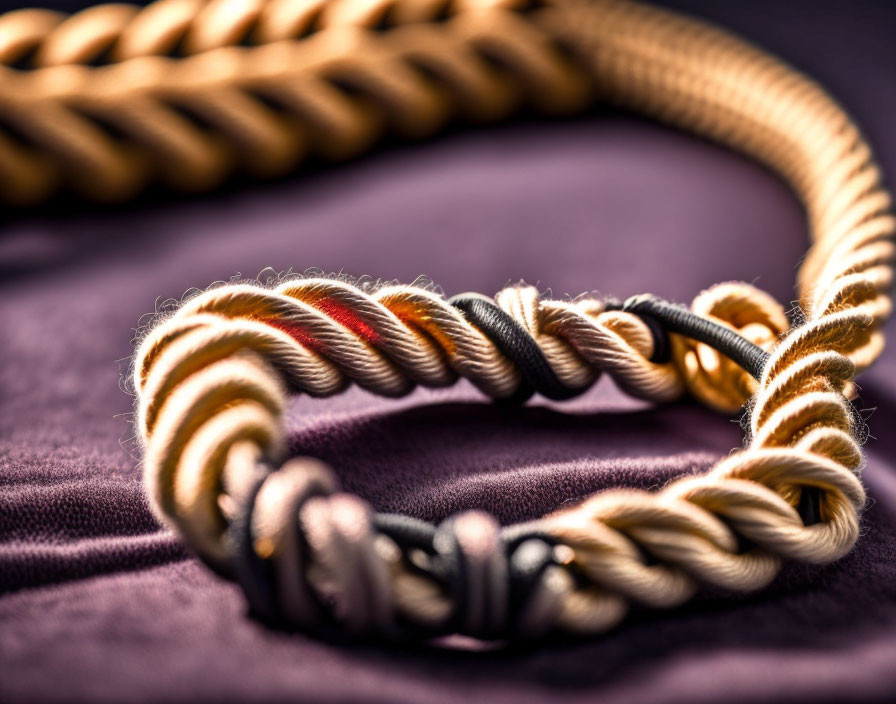 Close-up: Twisted gold and cream cords on textured purple surface