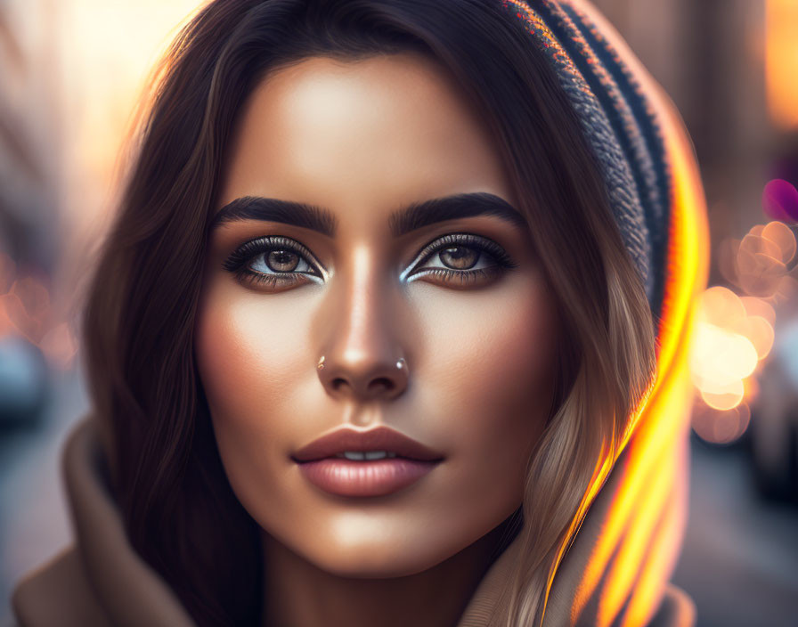 Striking eyes woman portrait with headscarf and cityscape background.