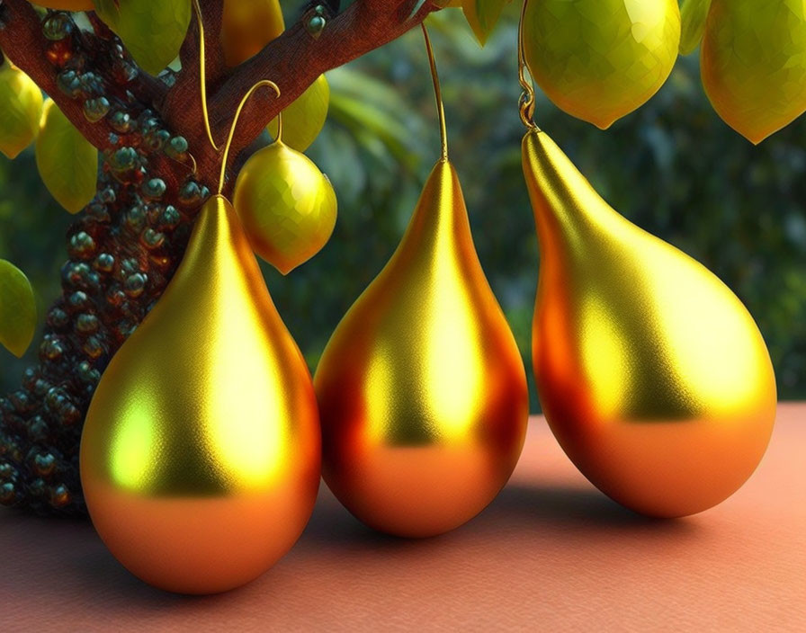 Golden pear-shaped objects hanging in green foliage with a reddish background.