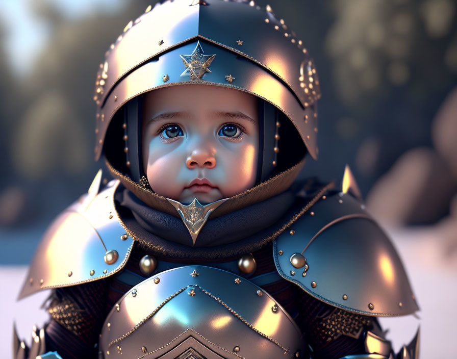 Baby in detailed knight armor with large eyes in soft background