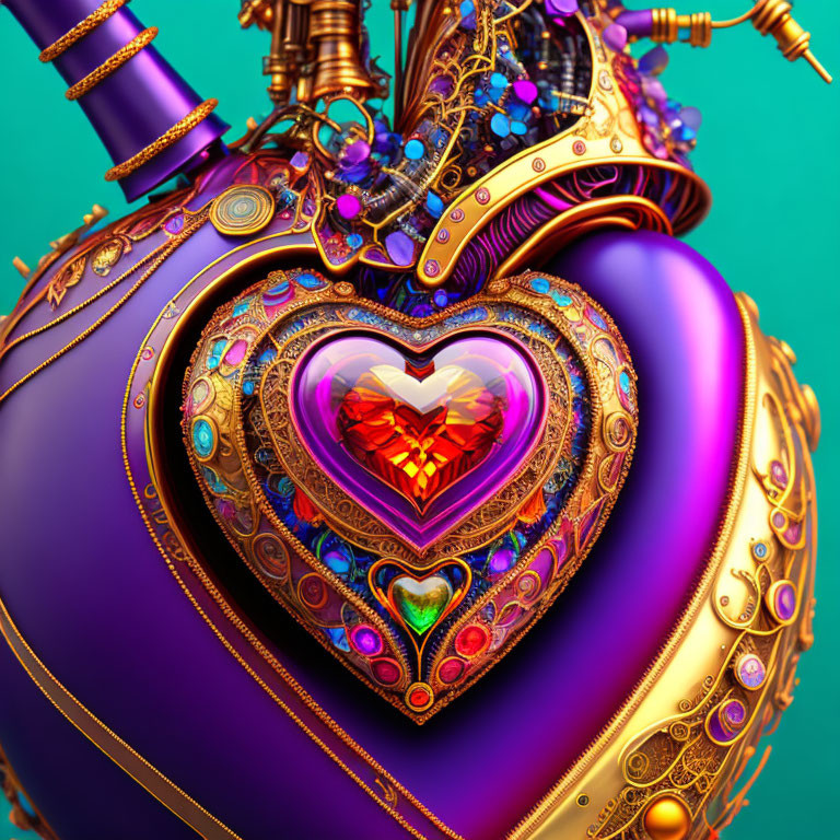 Elaborate 3D Heart Object with Golden Filigree and Gems