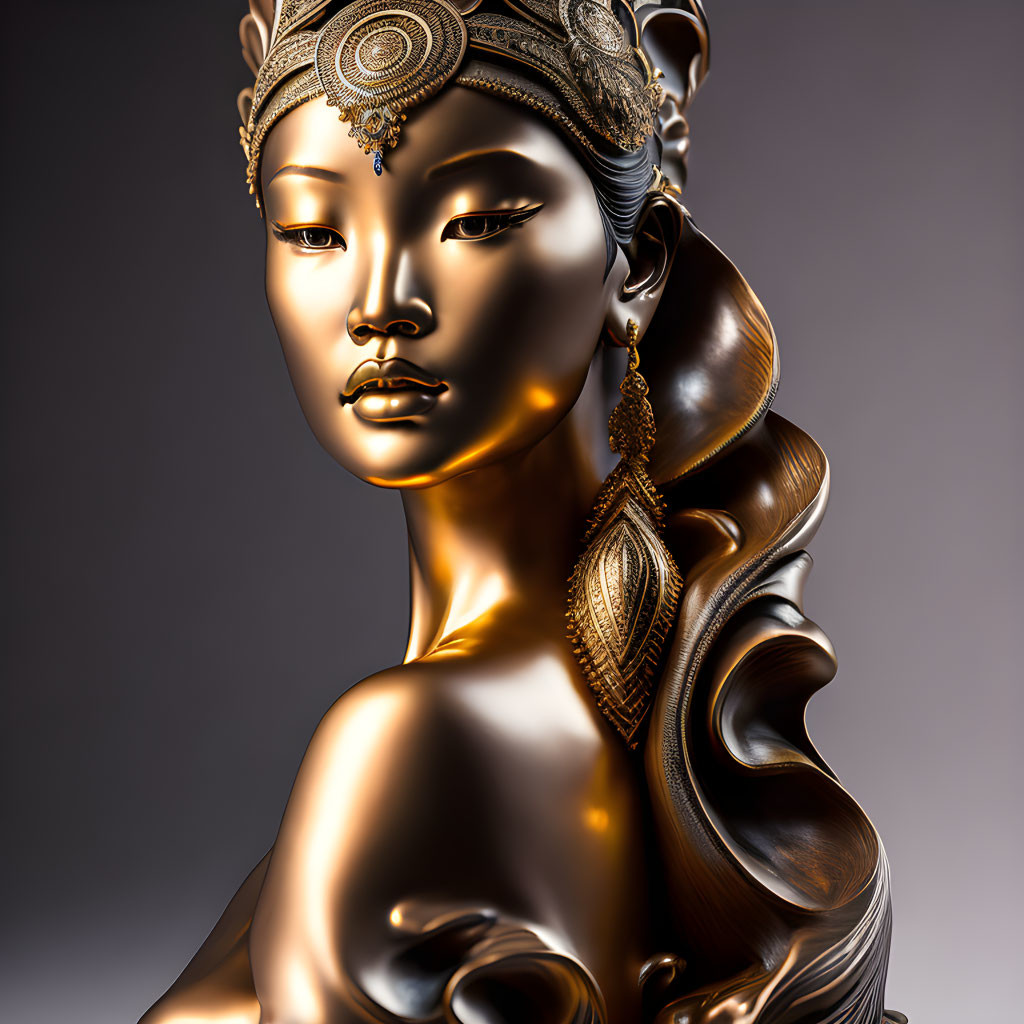 Golden Woman Sculpture with Intricate Head Jewelry and Large Earrings