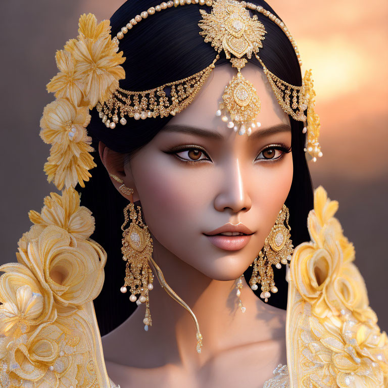 Digital artwork: Woman in gold jewelry and headdress against sunset backdrop