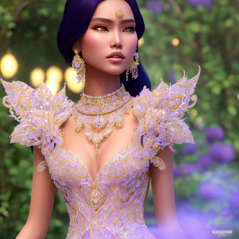 3D-rendered image of Asian-inspired female character in purple hair and ornate lilac gown