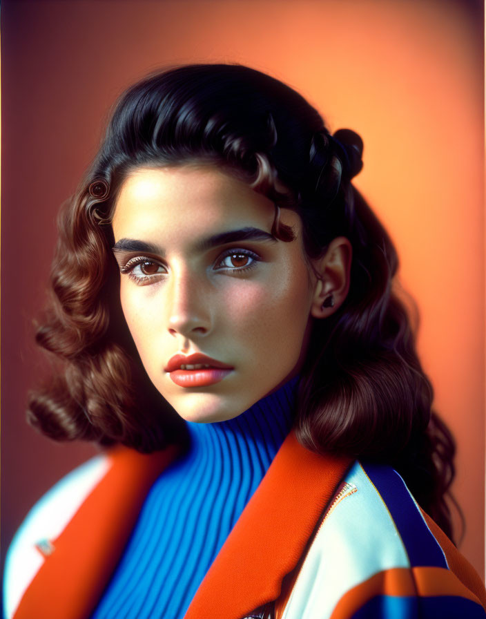 Styled woman with wavy hair in blue turtleneck and colorful jacket on gradient backdrop