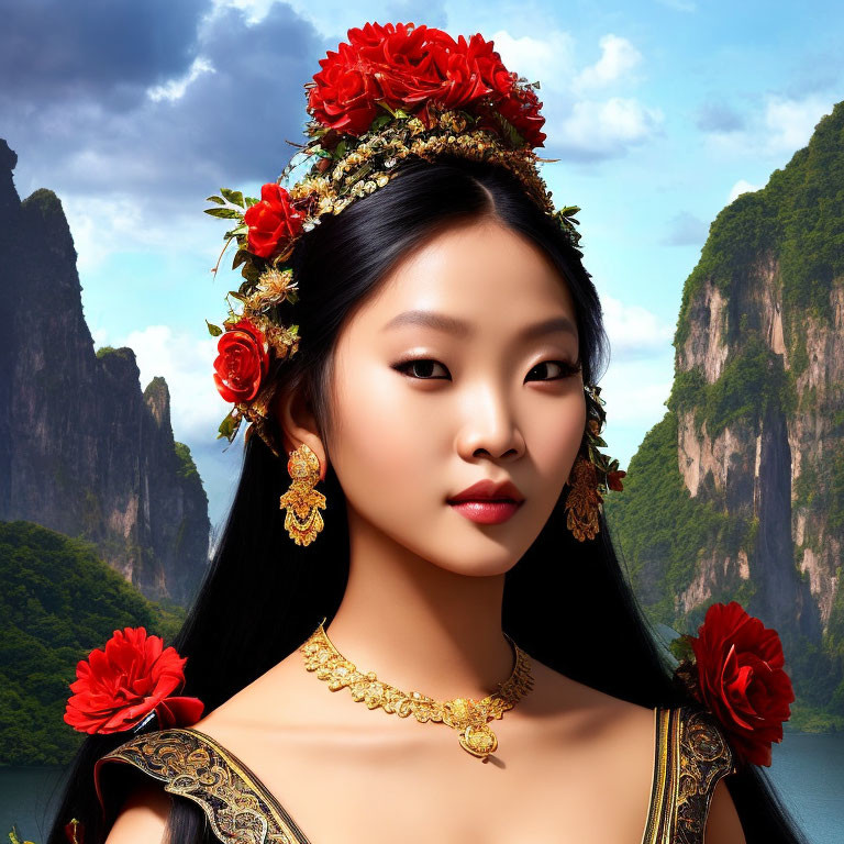 Woman in Floral Headpiece and Traditional Attire Against Mountainous Backdrop