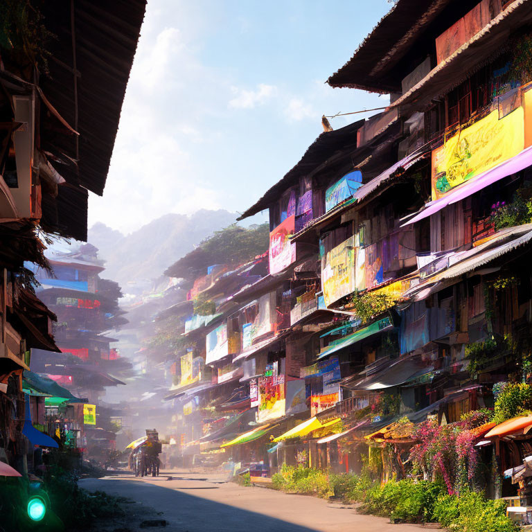 Urban street scene with multistory buildings and colorful signs in a dense cityscape