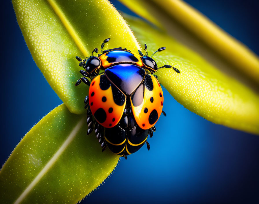 Vibrant ladybug with colorful spots on green leaf against blue background