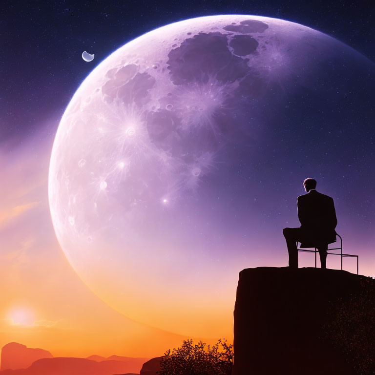 Person sitting on chair silhouetted against large moon and twilight sky