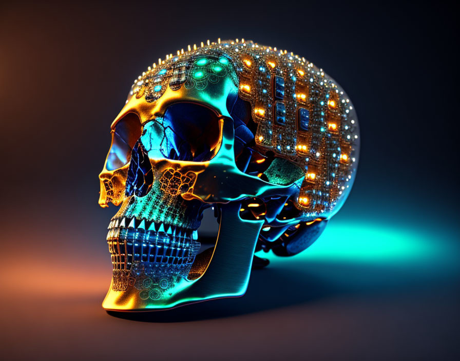 Digital artwork: Half-skeletal, half-mechanical skull with neon circuitry in blue and orange