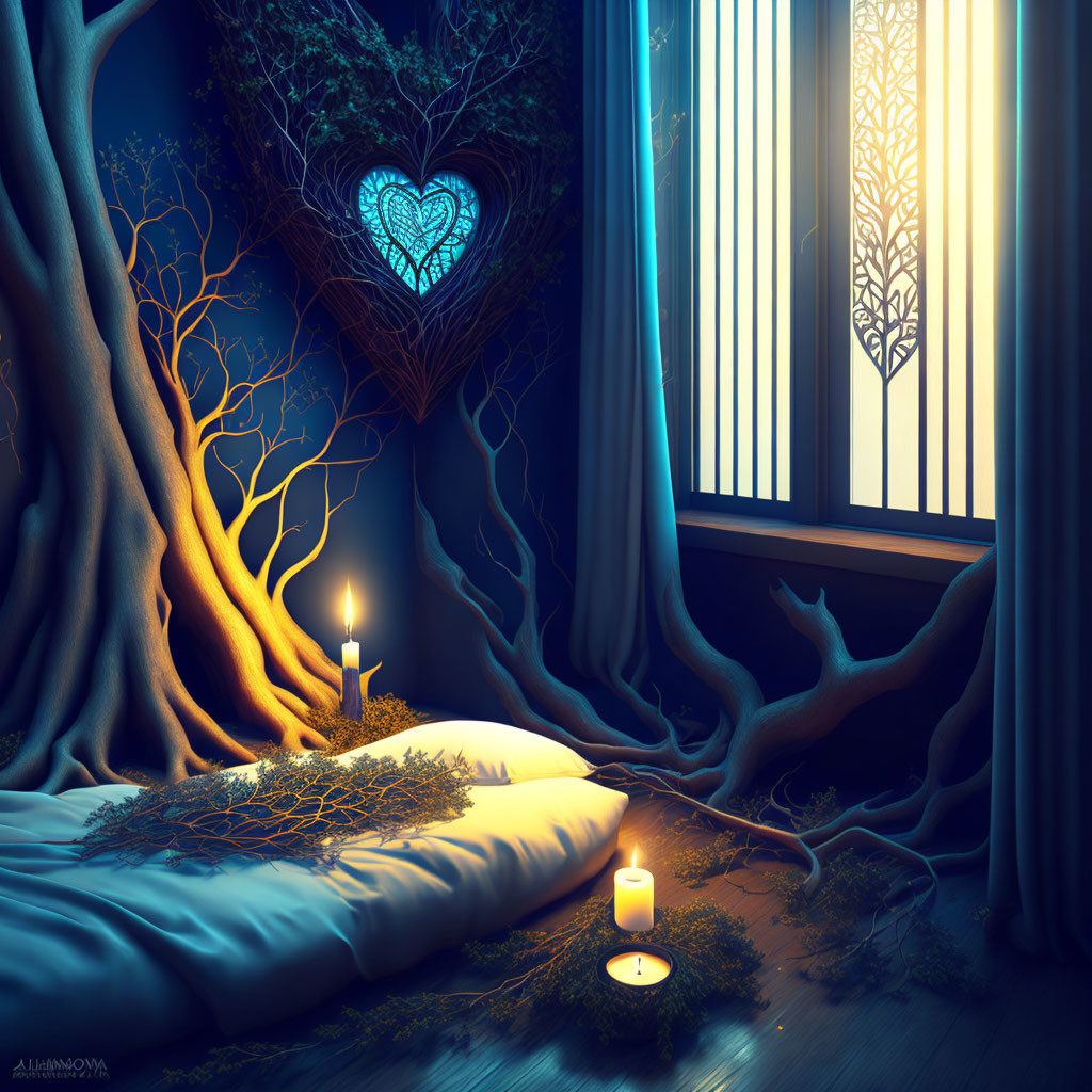 Mystical bedroom with tree roots, heart-shaped canopy, glowing blue, and warm candlelight