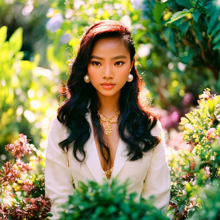 Young woman with dark hair in white blazer surrounded by greenery