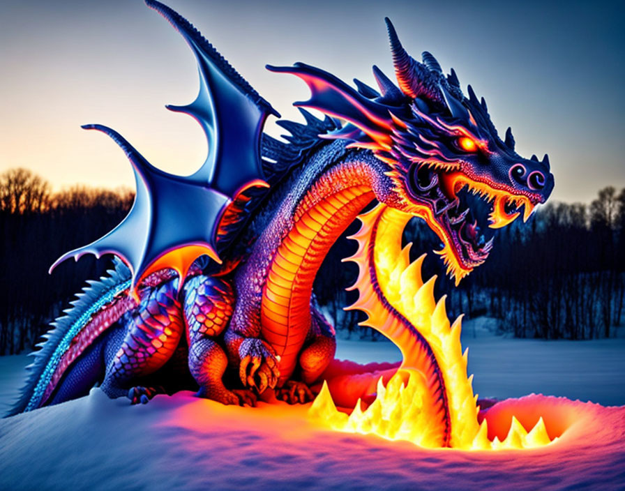 Vibrant digital artwork: Dragon with orange and blue scales on snowy dusk.