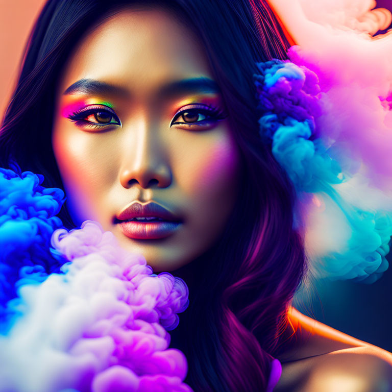 Colorful Smoky Clouds Surround Woman's Striking Makeup