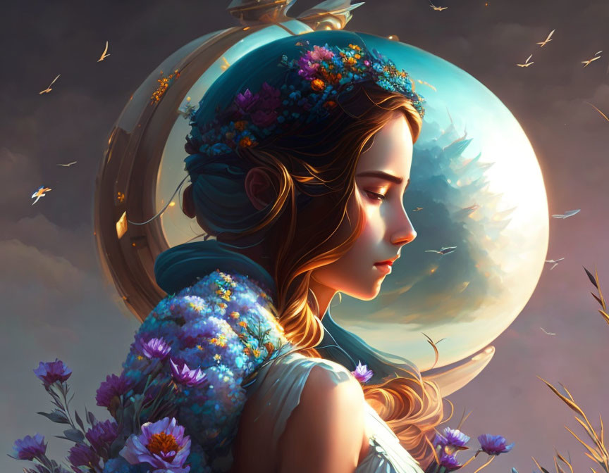 Fantasy illustration of a woman with a floral crown and glowing moon