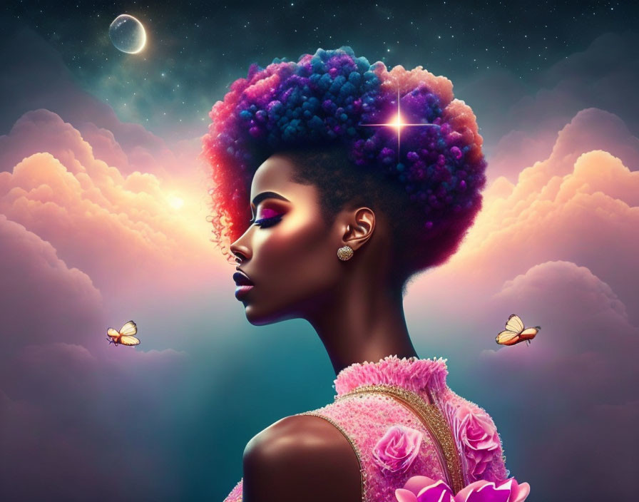 Colorful Afro Woman in Surreal Cosmic Scene