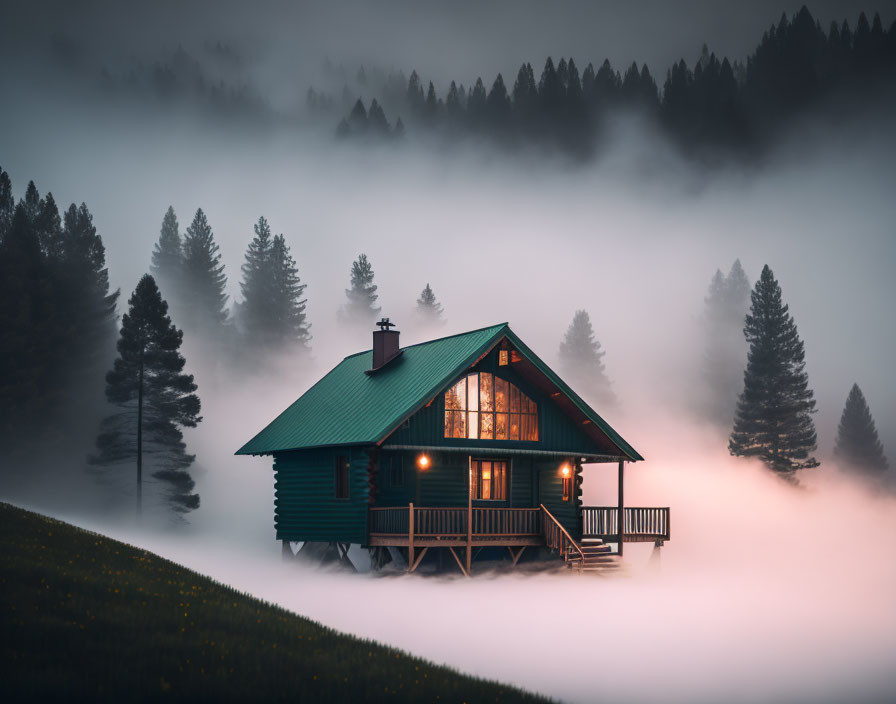 Green-roofed cabin on stilts in foggy forest with warm glowing lights