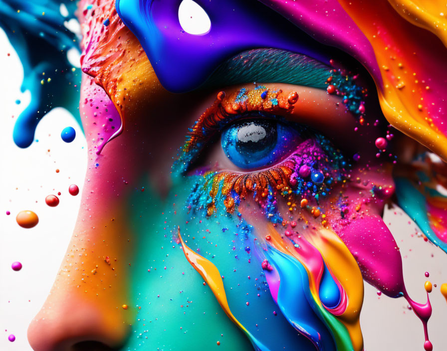 Vibrant paint splashes surround human eye in abstract close-up