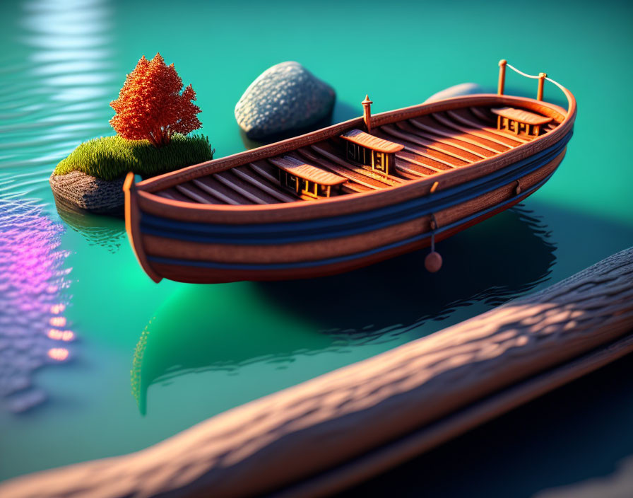 Tranquil wooden rowboat on calm turquoise waters with floating rock, moss, tree, and b